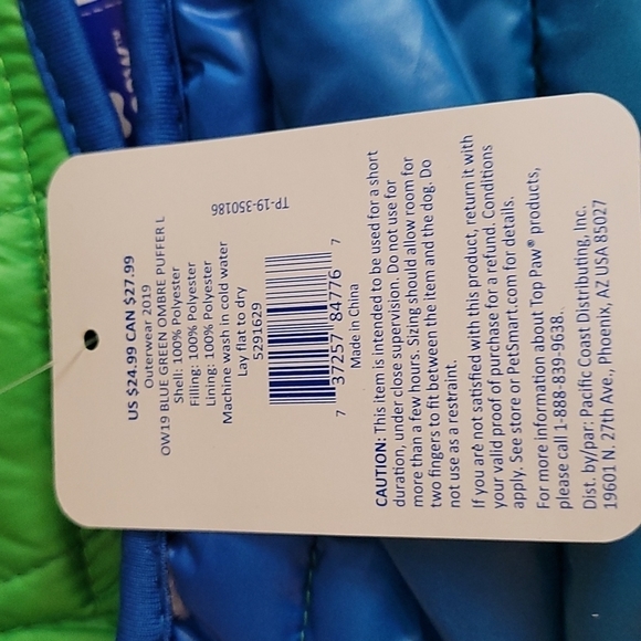 🐞5/$25 NWT TOP PAW! Large Blue Green Puffer Dog Coat with Storage Bag - Picture 5 of 6